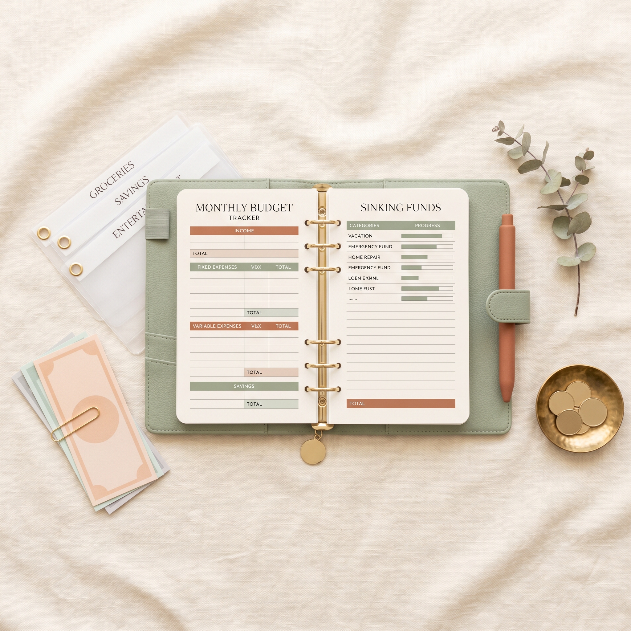 An open binder flatlay showing the budget and sinking-fund pages side by side.