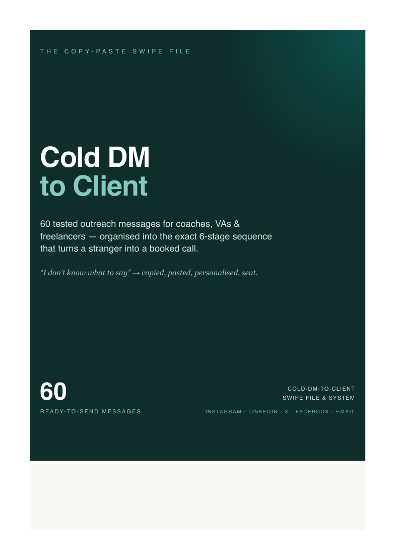The Cold-DM-to-Client Swipe File printable cover, in warm cream and clay tones.