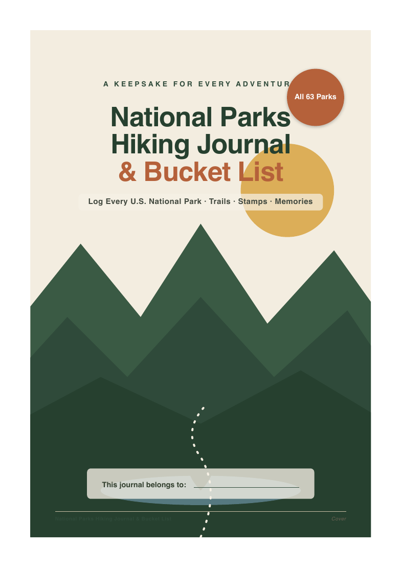 The National Parks Hiking Journal printable cover, in warm cream and sage tones.
